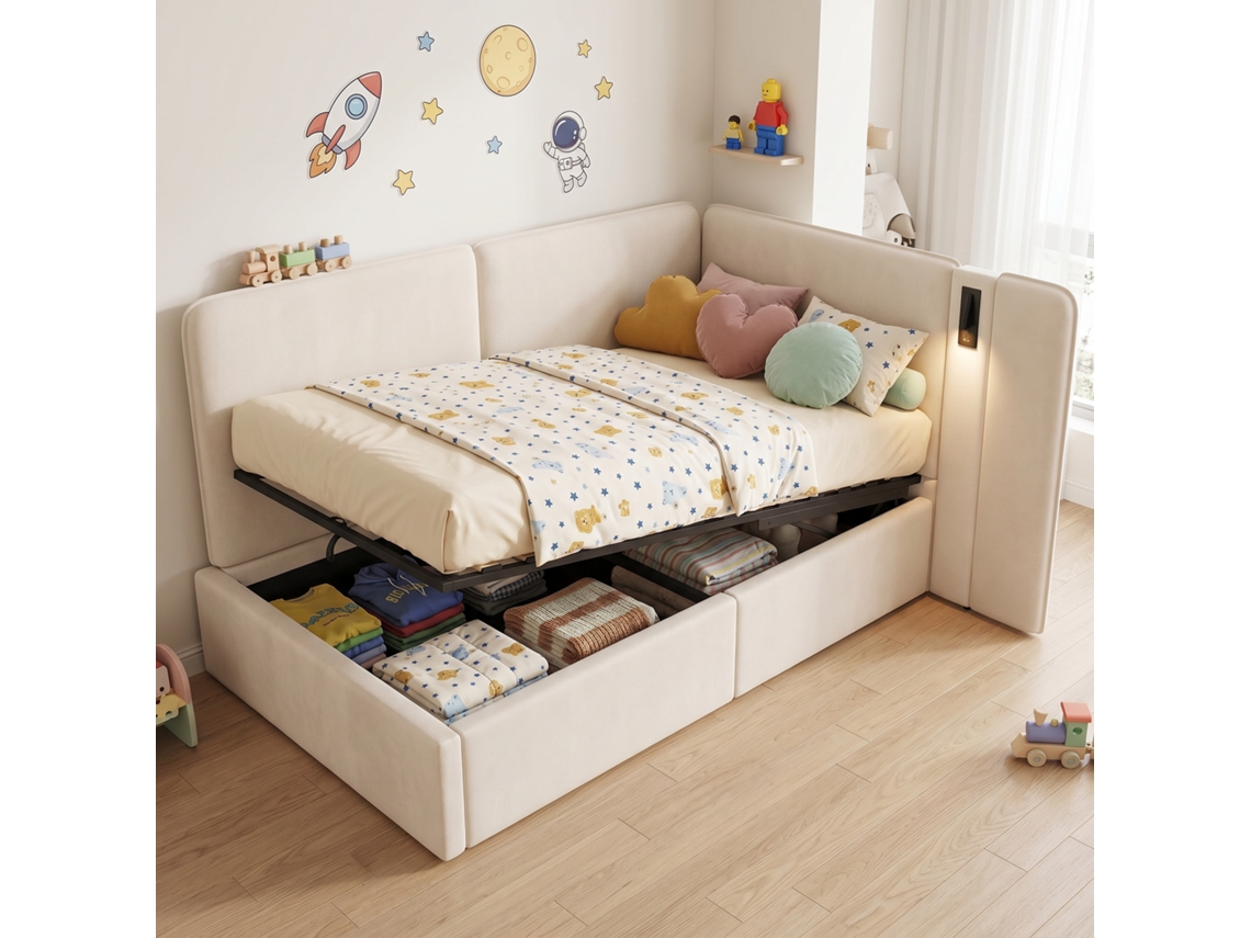 Cama Dia 90x200 Cm Com Baú Hidráulico, Sofá-cama Acolchoado, Poltrona-cama, Com Porta Usb E Luz De Leitura, Veludo Bege.