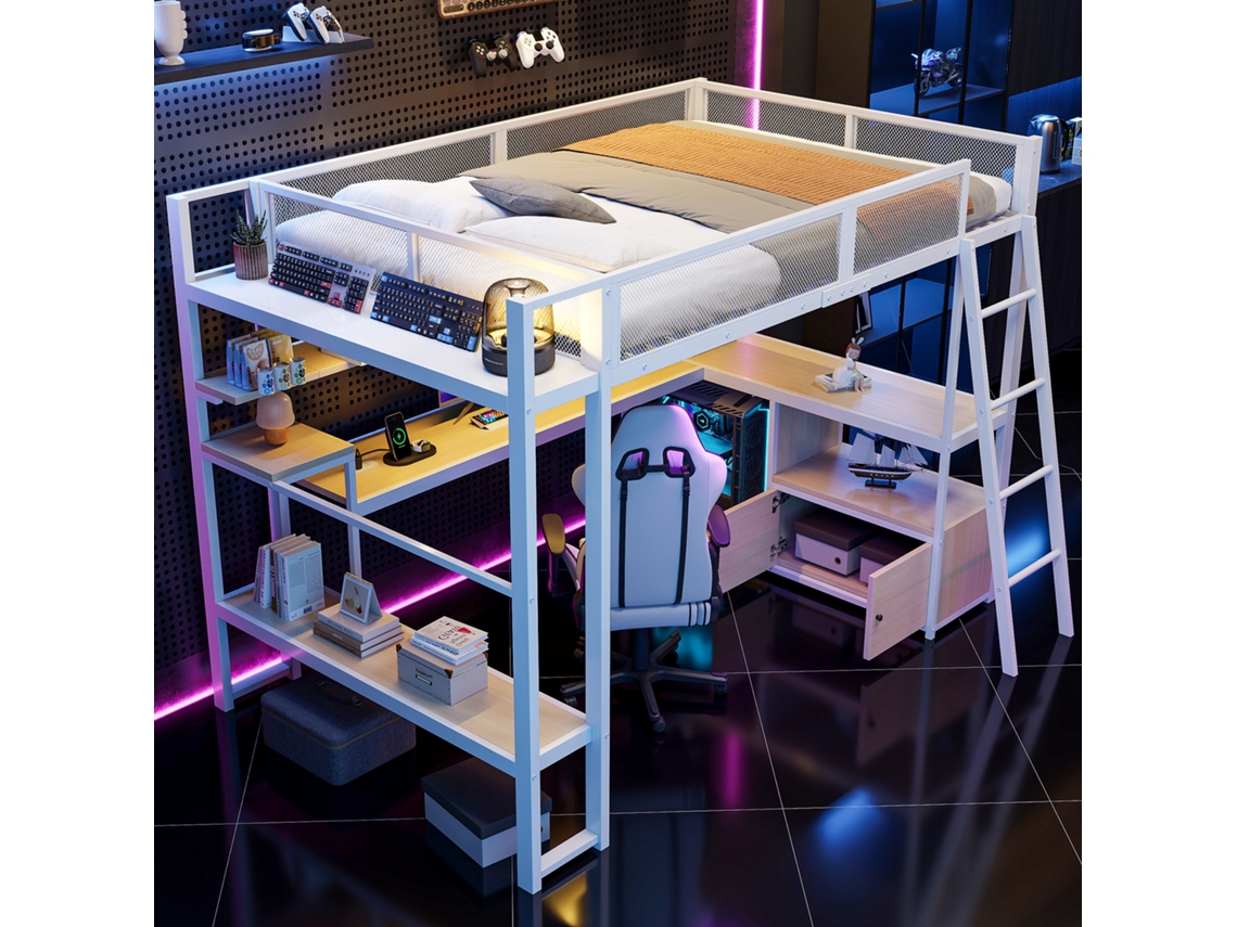 Cama Alta Para Jogos Em Metal (140 X 200 Cm) Com Espaço De Trabalho Integrado, Iluminação Led E Amplo Espaço De Arrumação, Branca.