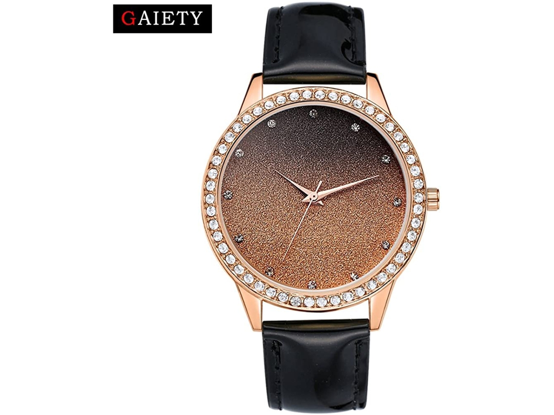Relógio de Pulso Gaiety Moda Strass Mostrador Redondo Pulseira Pu Quartzo Preto