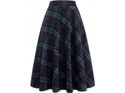 Saia Maxi Tartan De Lã A-line, Cintura Alta Elástica, Estampado Clássico, Inverno/primavera/outono, Preto Long Green