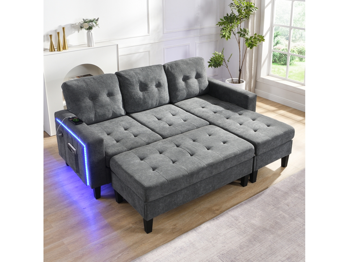 Sofá Modular Em L Com Led Ambiente, Puff Extra Grande E Configuração Multifuncional
