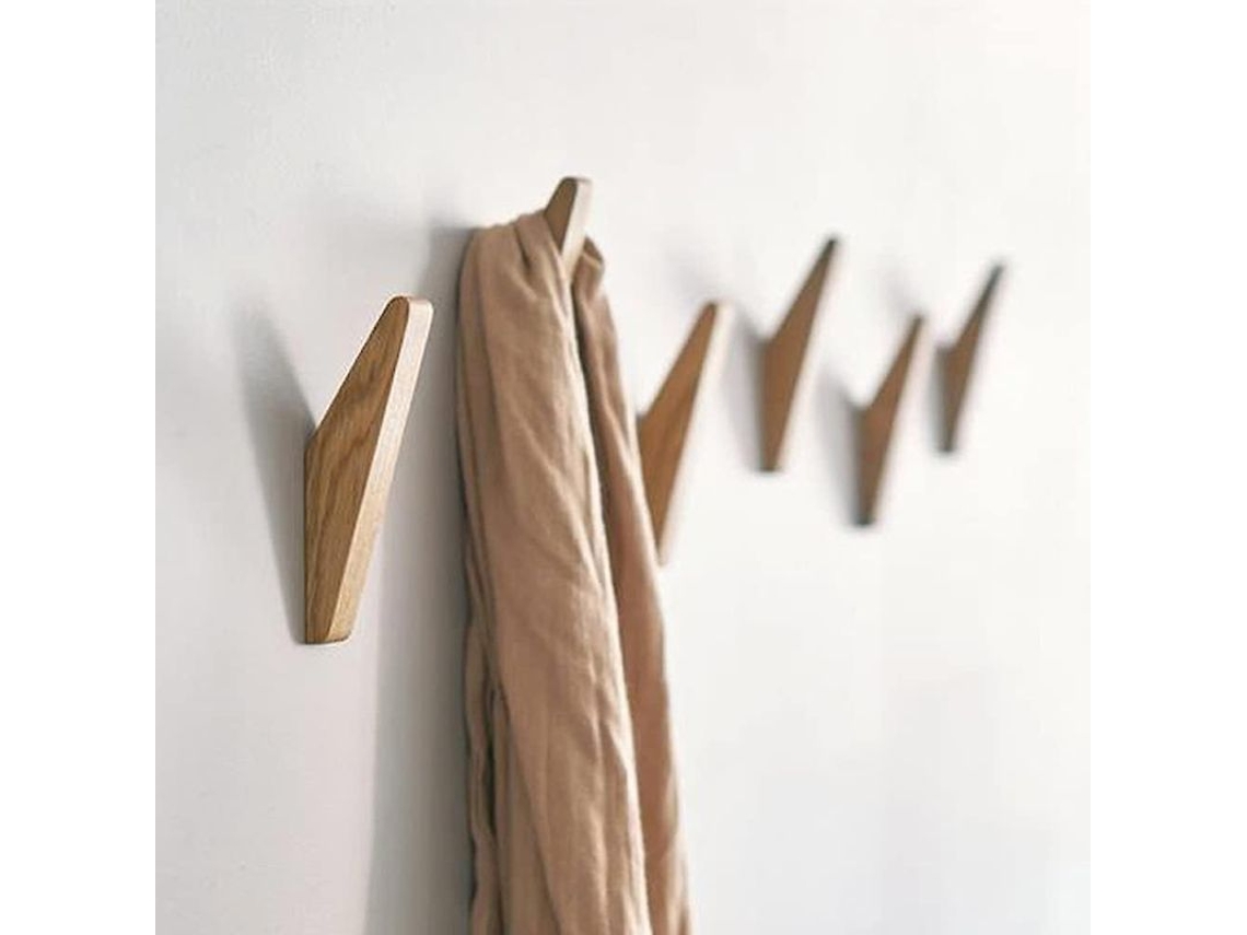 Conjunto de 6 ganchos de parede em madeira de seringueira, modelo 2026, ideais para pendurar casacos, chapéus, bolsas e toalhas. Design prático e elegante.
