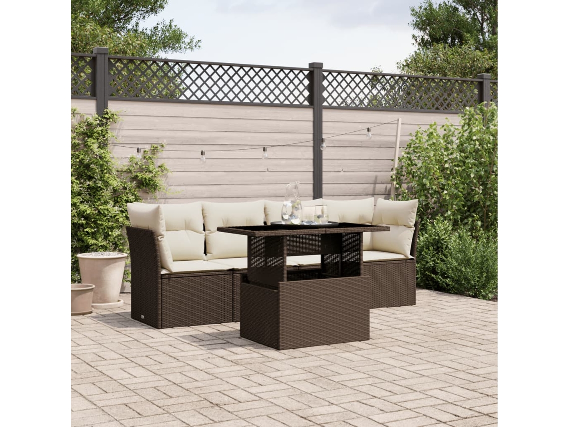 Vidaxl 5 Pcs Conjunto Sofás P/ Jardim C/ Almofadões Vime Pe Castanho