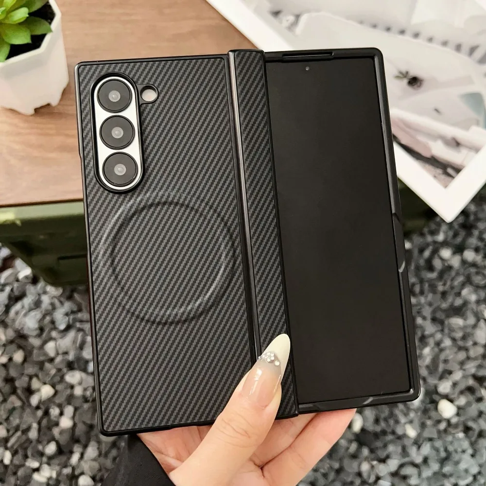 (preto, Galaxy Z Fold5) Capa Protetora Premium Com Dobradiça Magnética E Textura De Fibra De Carbono Para Carregamento Sem Fio Magsafe.