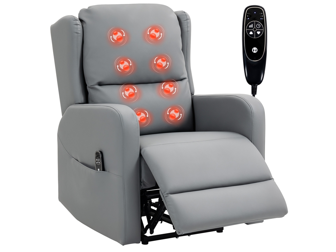 Poltrona de massagem com função de encosto, couro sintético, ajustável eletricamente, com apoio para os pés, cinza
