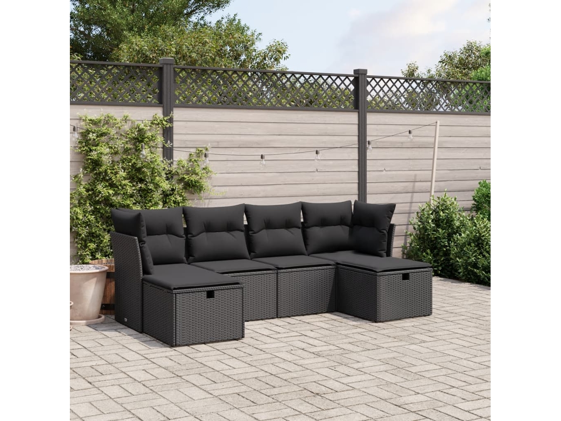 6 Pcs Conjunto Sofás De Jardim C/ Almofadões Vime Pe Preto Lovely Home