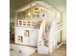 Cama Alta Infantil 90x200 Cm Madeira Branca/natural Com Grades, Janelas, Escada Com Arrumação E Compartimentos
