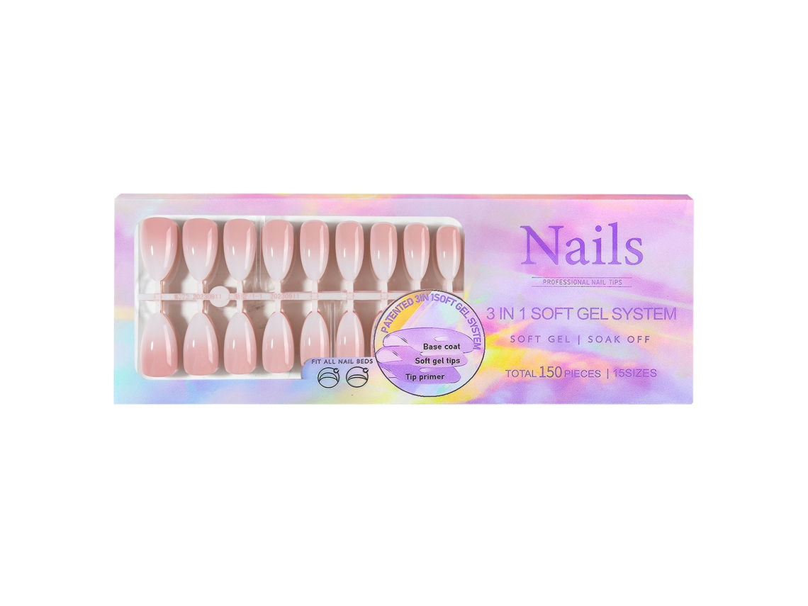 Unhas postiças de gel macio com 5 núcleos degradê, base e primer pré-aplicados, 15 tamanhos para manicure faça você mesma.