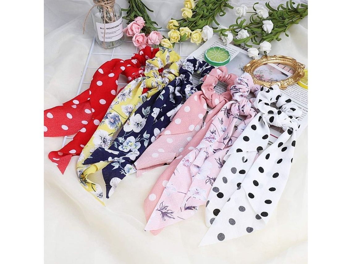 2026altiro-6 Peças Fitas De Cabelo Scarf, Scrunchies De Cetim Com Laço, Elasticas Para Cabelo, Florais E Pontinhos Para Mulheres E Meninas