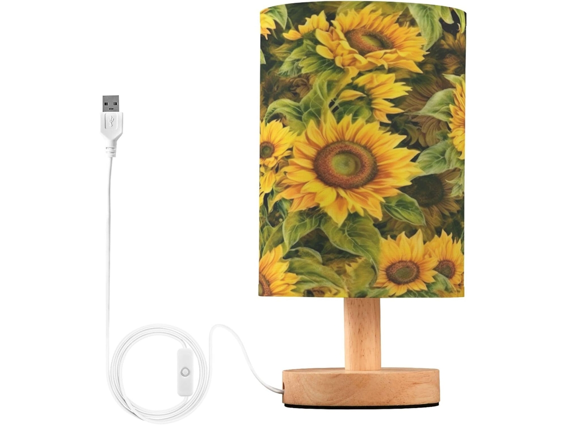 Luminária De Cabeceira Led Em Formato Girassol Para Quarto, Luminária De Leitura Com Cúpula Tecido, Base De Madeira E