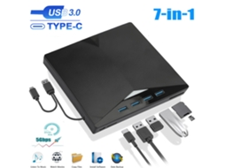 Unidade externa de CD/DVD 7 em 1 para laptop USB 3.0 USB-C, leitor de ROM +/RW portátil com slots para cartucho TF/SD AQUAFORGE