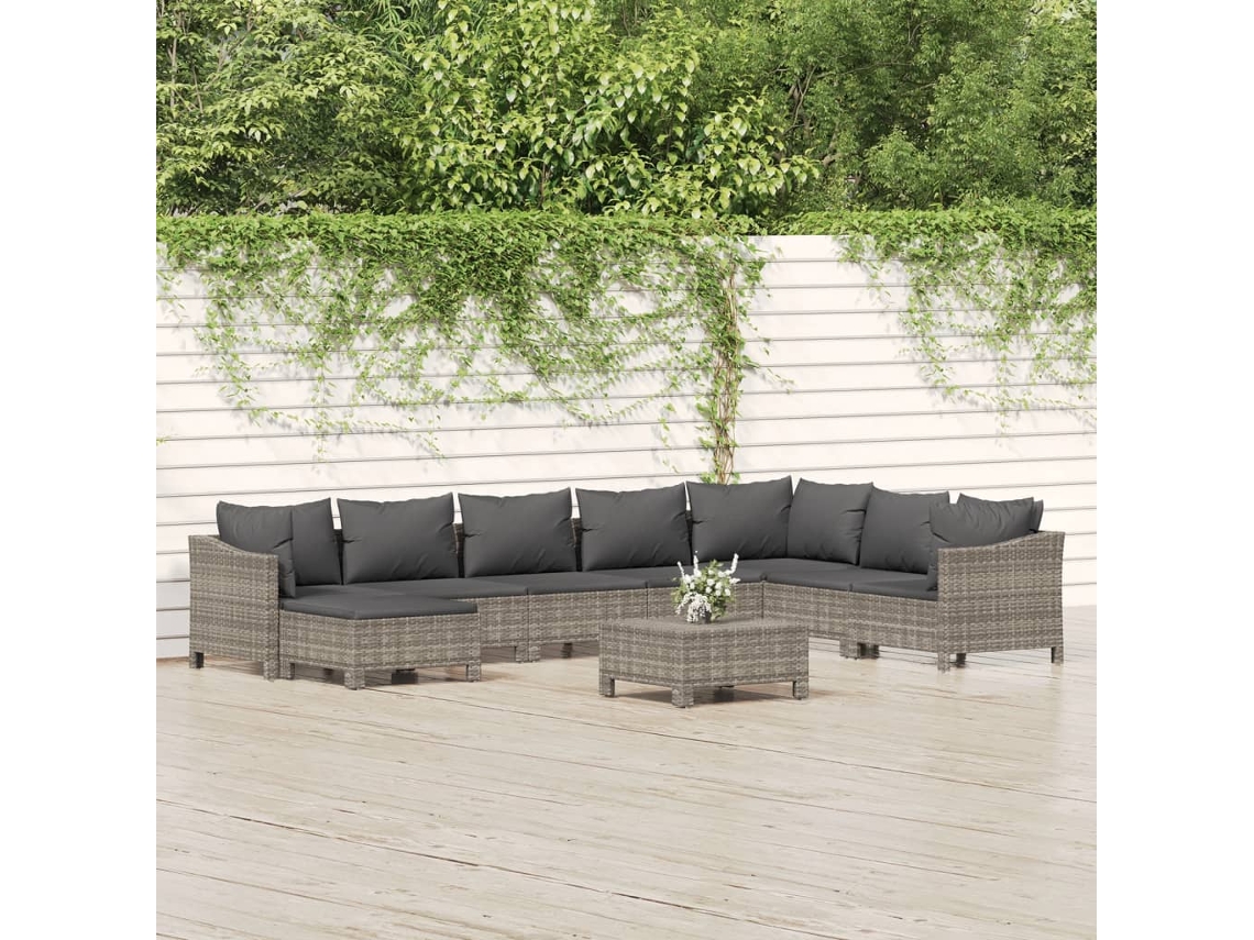 9 Pcs Conjunto Lounge De Jardim C/ Almofadões Vime Pe Cinza Dkd Home Decor
