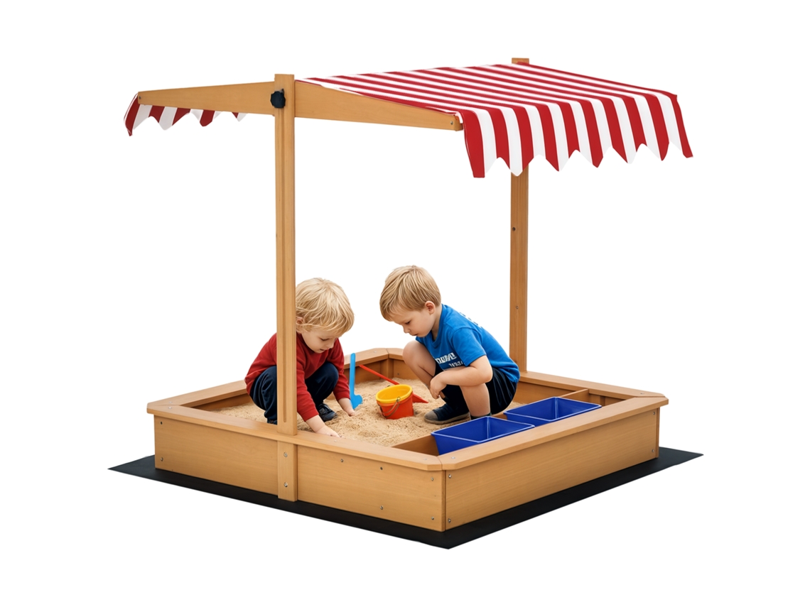 Caixa de Areia Infantil de Madeira com Toldo Ajustável. Assentos e Bandejas. 107,5x107,5x100 Cm Ge