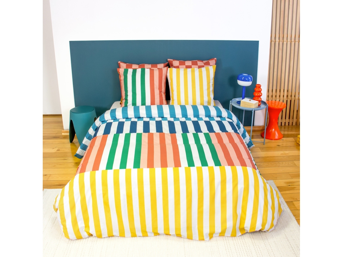 Conjunto De Cama De Algodão Com Estampas De Listras Multicoloridas Para 2 Pessoas