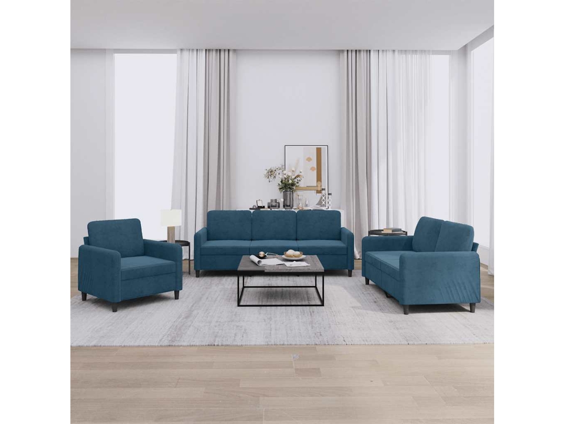 Vidaxl 3 Pcs Conjunto De Sofás Veludo Azul