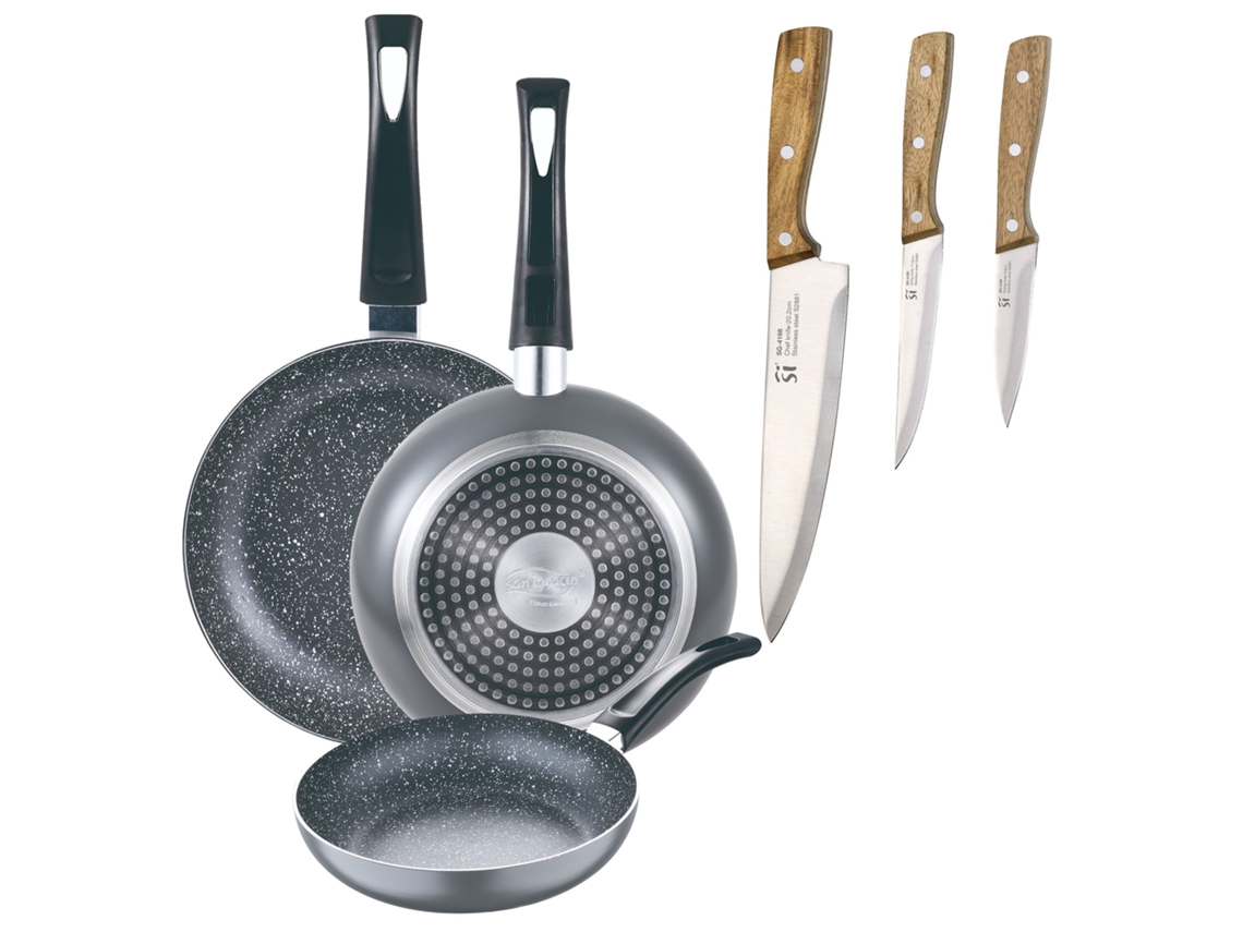 Jogo De 3 Frigideiras De Mármore Bergner Soul Ø16ø20ø24cm Com Facas De Cozinha