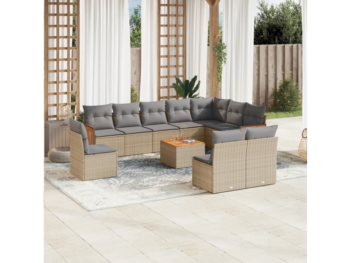 Vidaxl 11 Pcs Conjunto Sofás De Jardim C/ Almofadões Vime Pe Bege