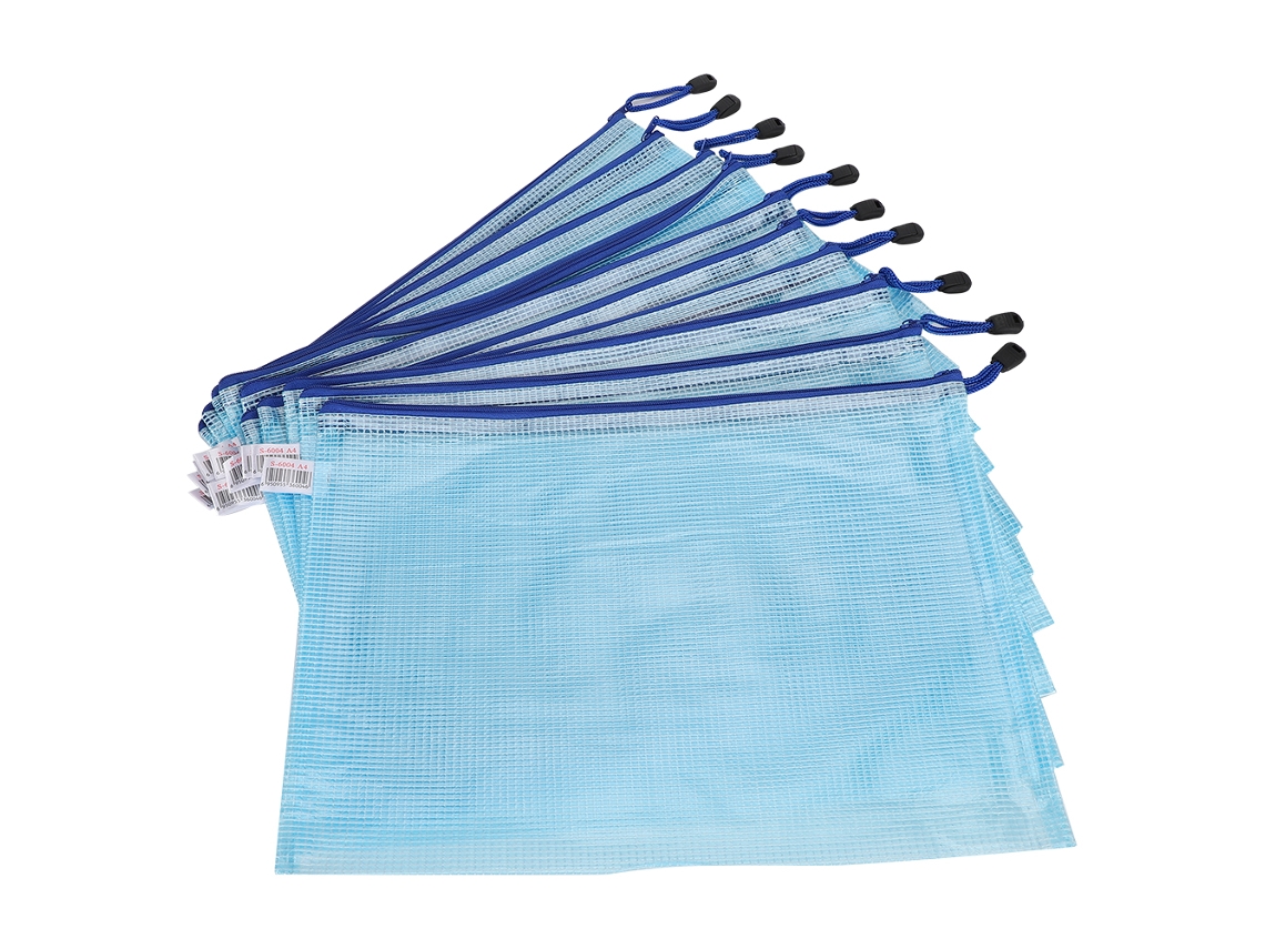 10pcs Bolsa de Malla Con Cremallera A4 Carpeta de Archivo Pvc Transparente Organizador de Documentos Azul Claro