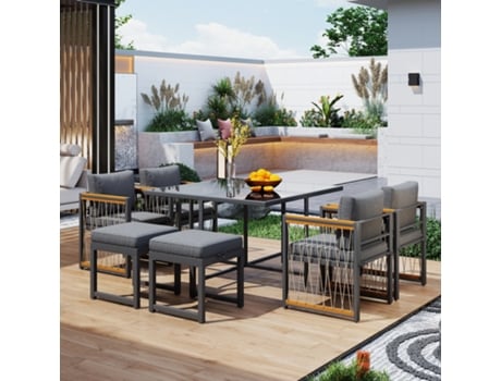 Conjunto de Mesa e Cadeiras para Jantar Ao Ar Livre para 6 Pessoas Mesa 6 Cadeiras Madeira de Acácia L118 X P118 X H74cm Preto KASHEMANO