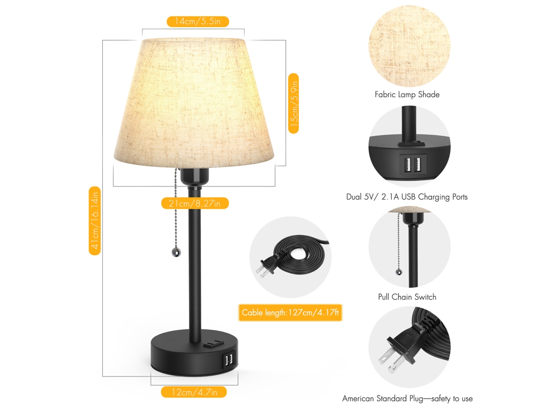 Rebe-lâmpada De Mesa De Noite Com Usb Dual E Tomada, Interruptor De Cremalheira, Fácil Instalação Para Quarto