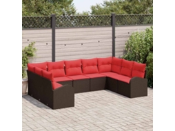 Vidaxl Conjunto De Sofá De Jardim 9 Pcs Marrom E Vermelho Vime Pe
