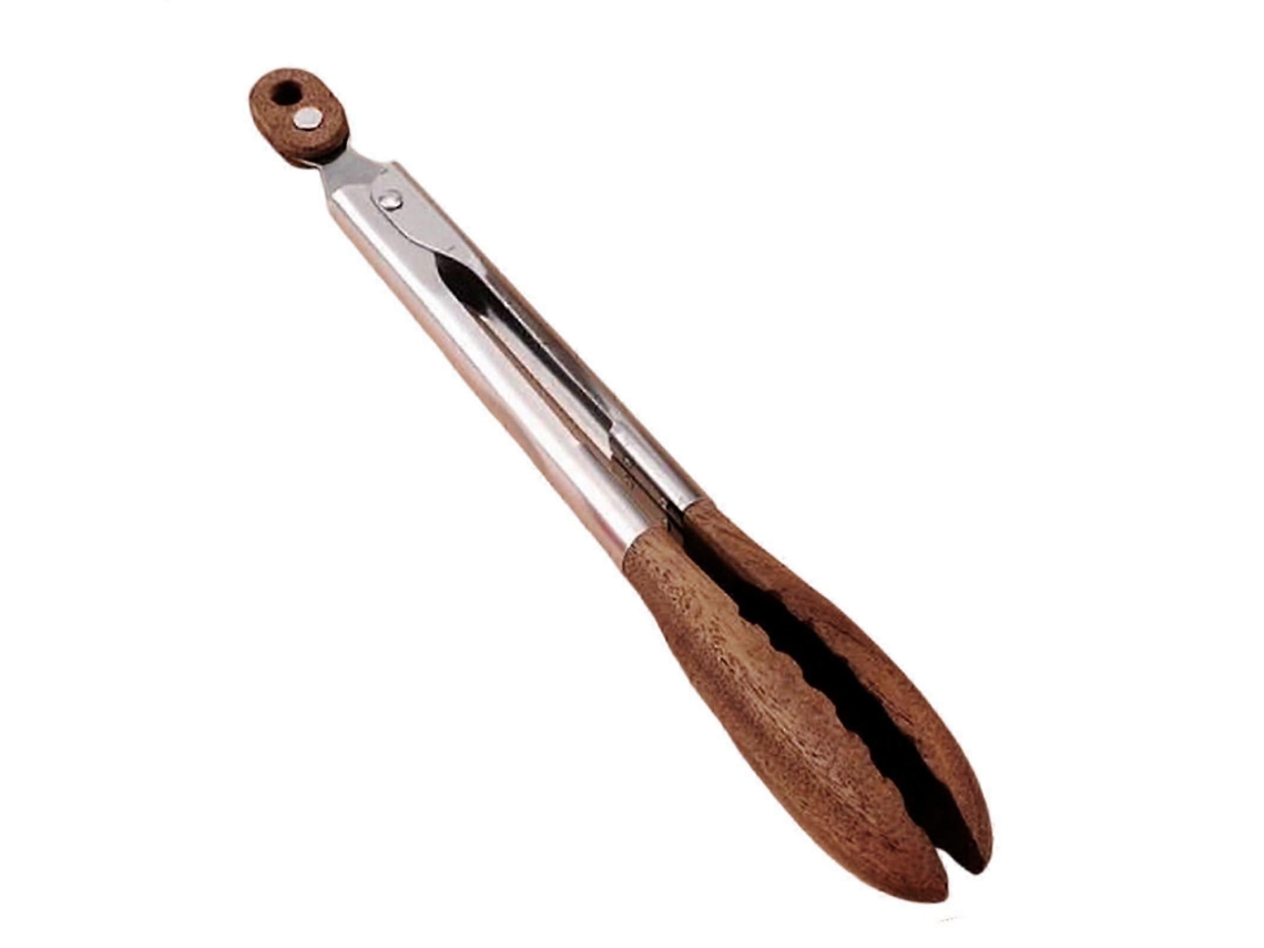 Pinça De Cozinha De Aço Inoxidável Com Trava, 11,8 Polegadas, Com Cabo De Madeira Resistente Ao Calor