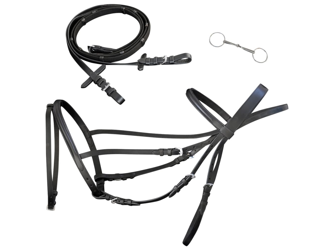 Cabeçada De Couro Com Rédeas E Brida, Preto, Full
