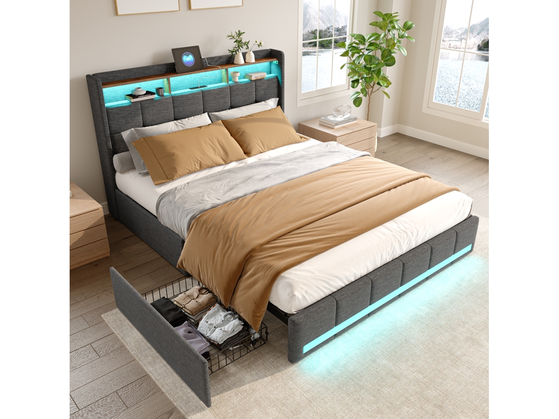Cama de Casal 160x200 Cm com Espaço Armazenamento, Design Flutuante, Led, Bege, SIMURQ