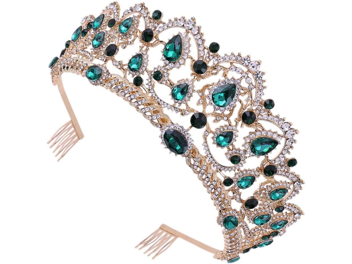 Tiara De Casamento Chique Com Coroa Barroca Dourada E Verde Para Noiva, Acessório Elegante Para E