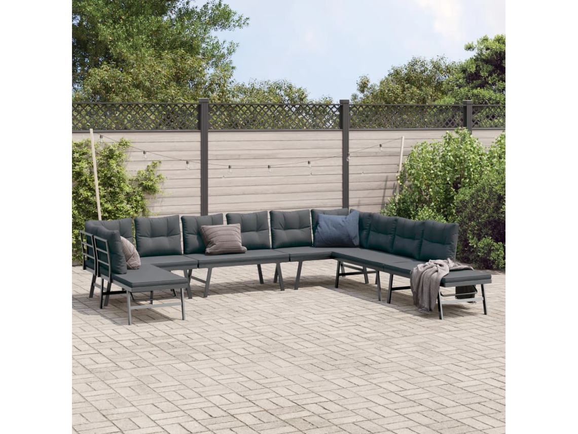 Vidaxl 7 Pcs Bancos De Jardim Com Almofadões Aço Revestido A Pó Preto