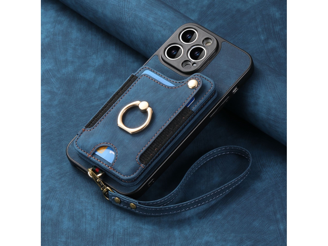 Adequado Para Capa De Couro Para Celular Iphone, Escova Antifurto Rfid, Fivela De Anel, Cordão, Suporte Para Cartão Multifuncional, Azul Com Cordão D