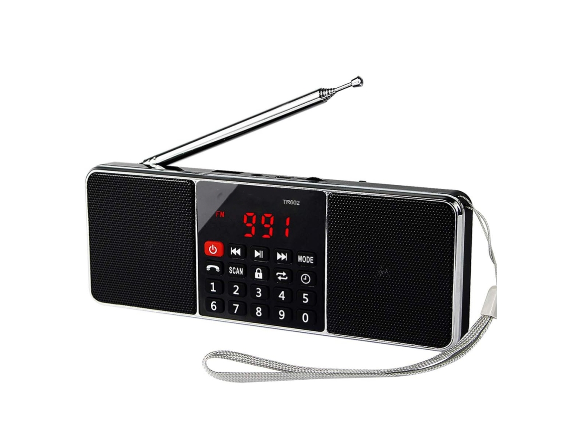 Rádio recarregável, alto-falante estéreo Bluetooth AM/FM, entrada auxiliar, compatível com cartão TF e pen drive USB. Lyx