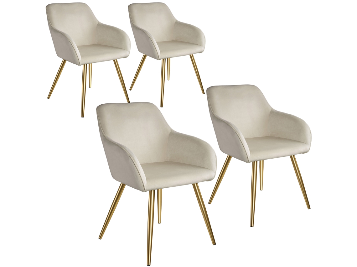 Cadeira Marilyn Tectake Estofada Em Veludo, Formato Ergonómico Arredondado, Alta Estabilidade, Pés Com Tampões De Plástico, Creme/ouro