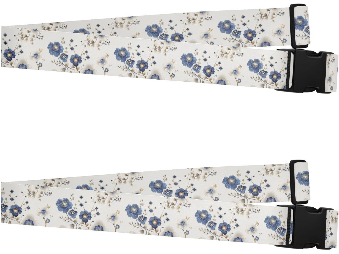 Conjunto De 2 Elegantes Alças Bagagem Ajustáveis Com Estampa Floral Em Tons Azul E Dourado, Perfeitas Viagens