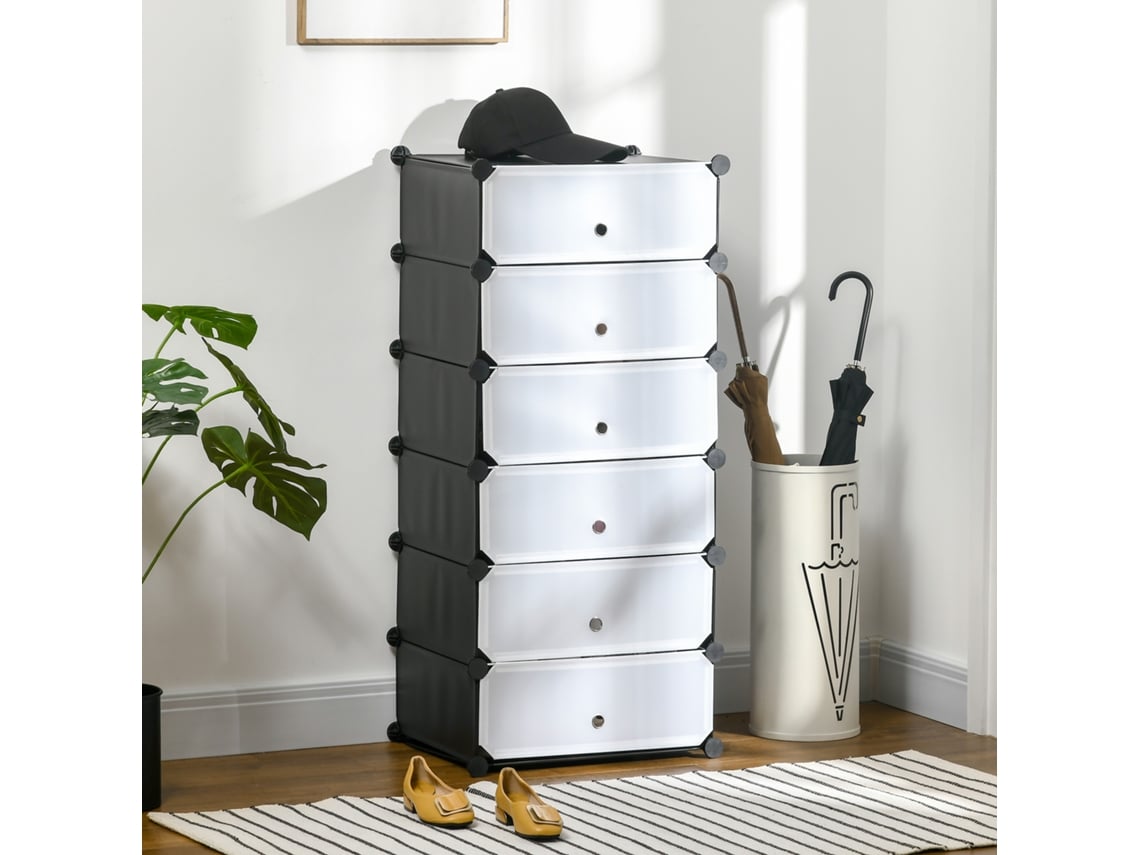 Sapateira Modular Compacta Com 6 Caixas, Em Plástico Pp E Aço, 49x36,5x108 Cm, Preta E Transparente.
