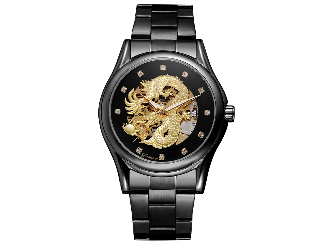 Relógio mecânico automático Forsining Dragon para homem, resistente à água (mostrador preto, pulseira preta)