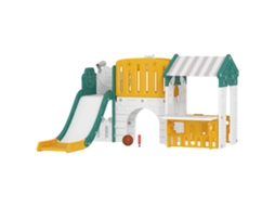 Escorrega Infantil 7 Em 1 Com Casinha Para Crianças Com Aro De Basquetebol Túnel Quadro Telescópio 189x180x111 Cm Amarelo E Verde