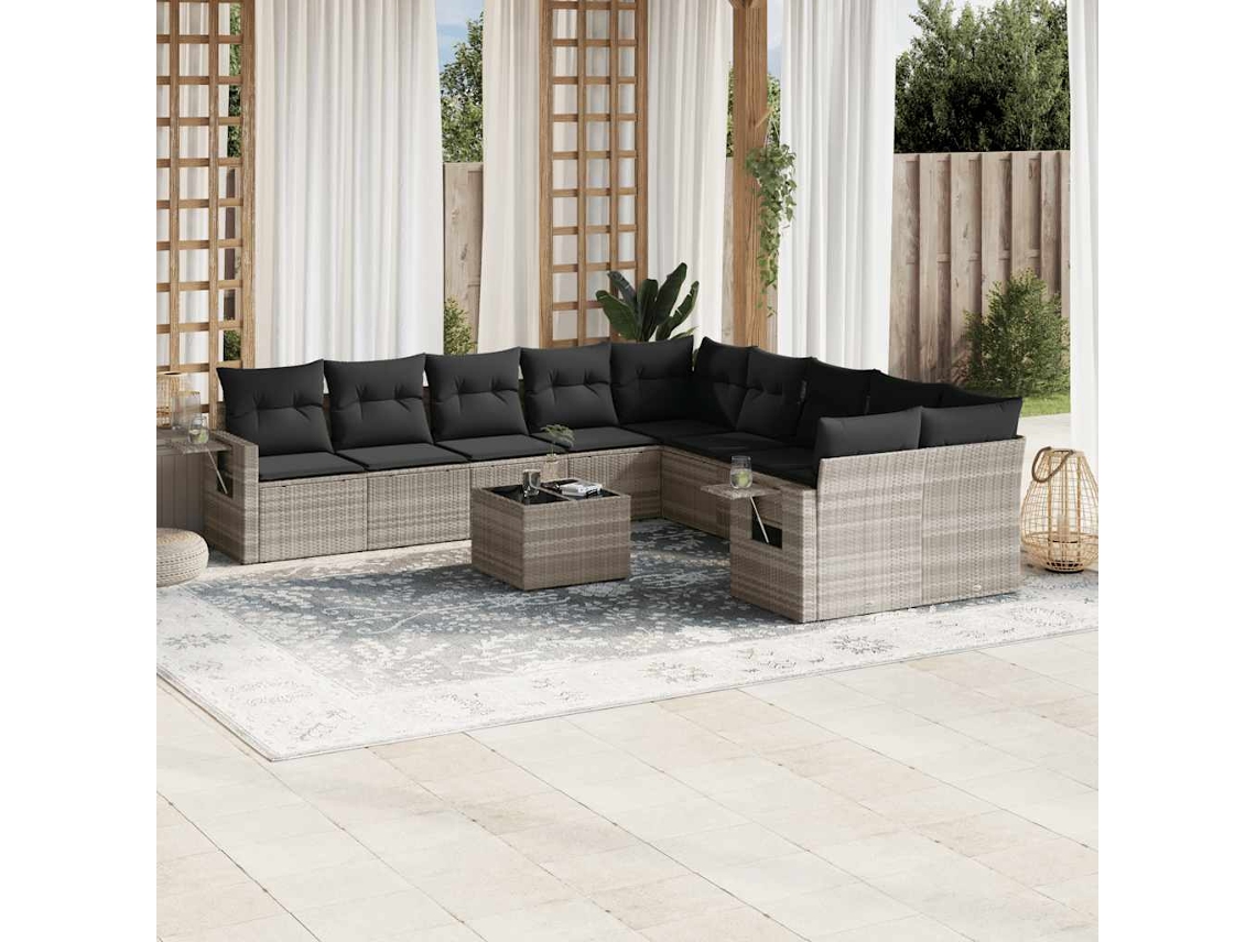 Vidaxl 11 Pcs Conjunto Sofás De Jardim C/ Almofadões Vime Pe Cinzento