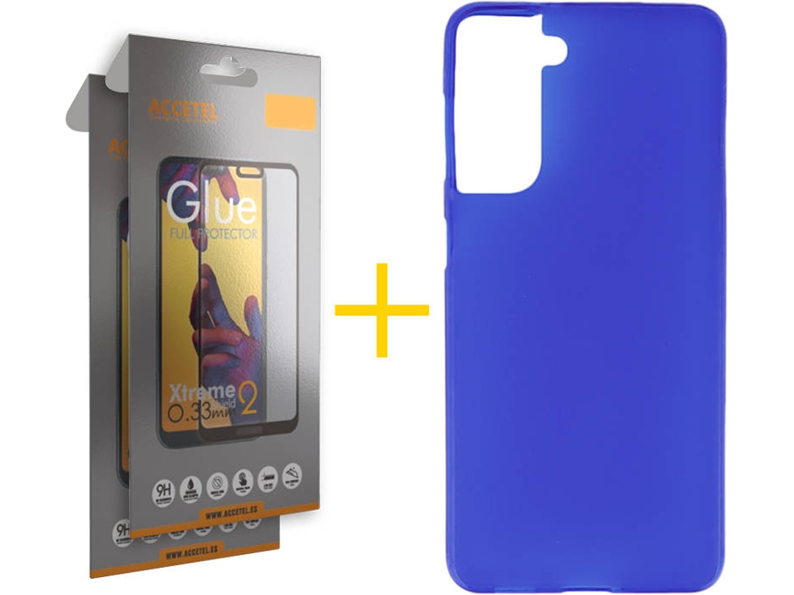 Capa e 2 Películas de Vidro Full Samsung S21 Plus ACCETEL Silicone Liso Azul