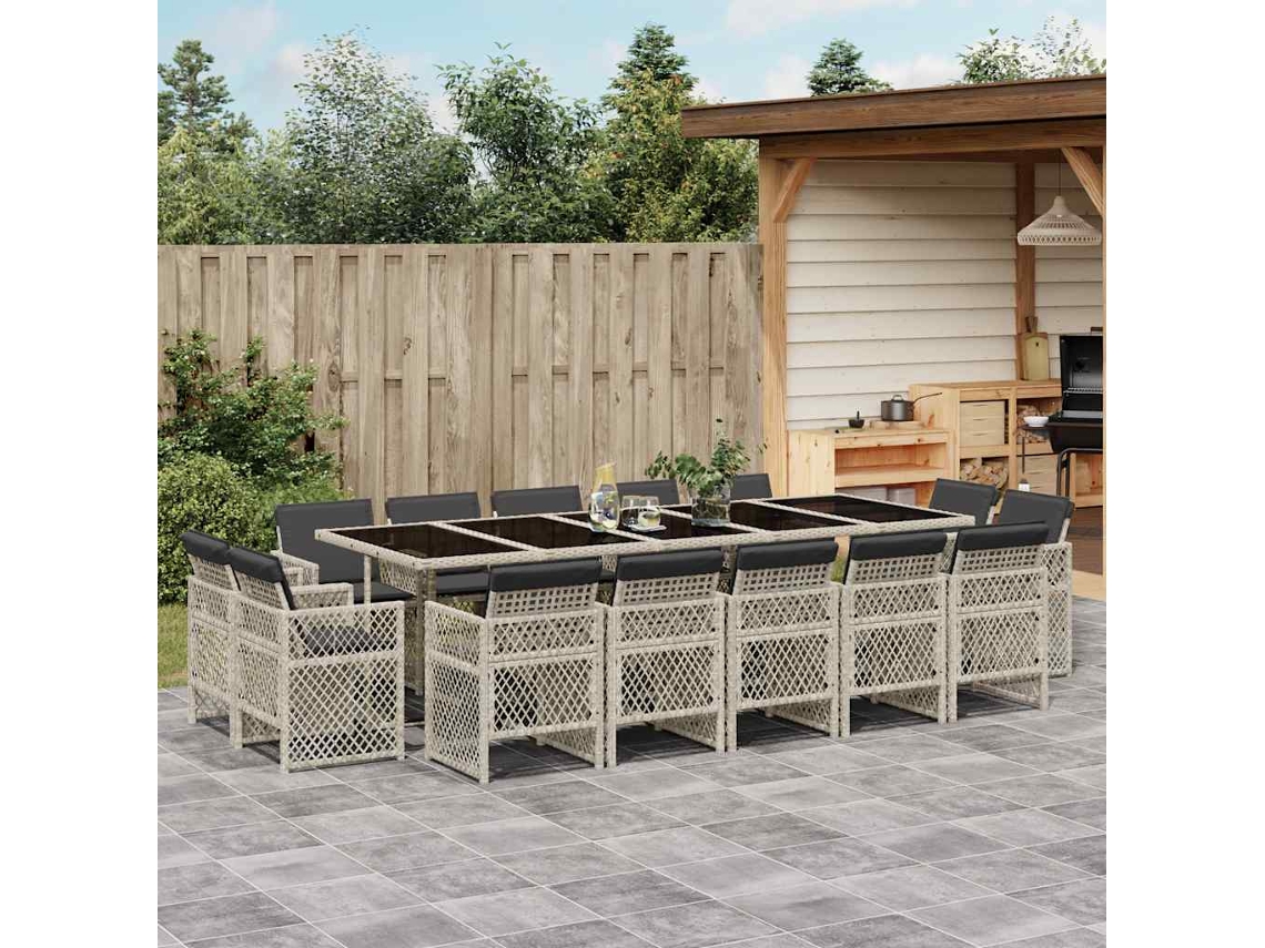 Vidaxl 15 Pcs Conj. Jantar Jardim C/ Almofadões Vime Pe Cinzento-claro