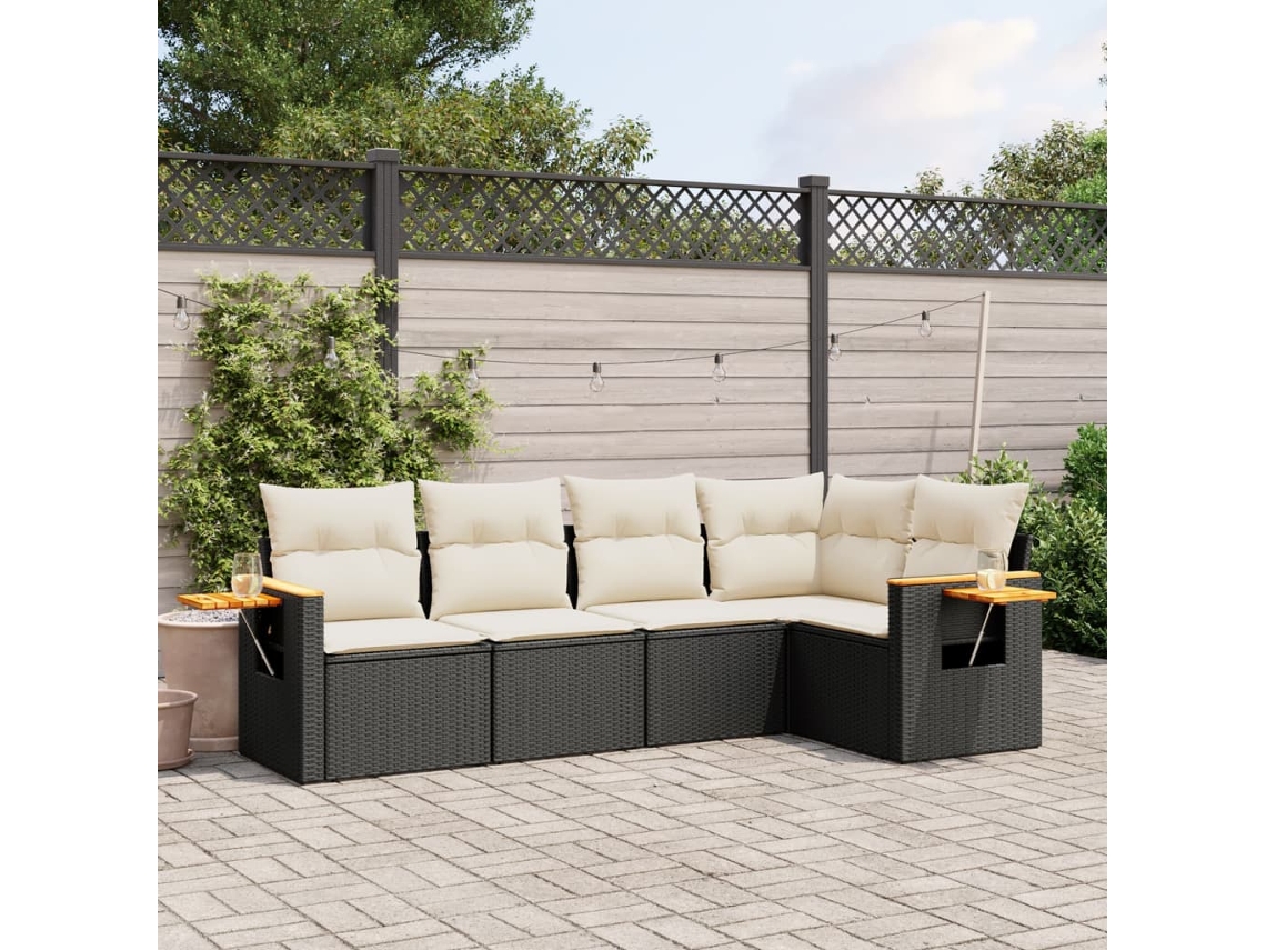 Vidaxl 5 Pcs Conjunto Sofás De Jardim Com Almofadões Vime Pe Preto