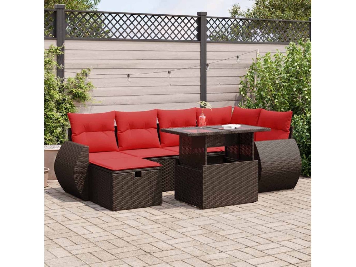 Vidaxl 7 Pcs Conjunto Sofás Jardim C/ Almofadões Vime Pe Castanho