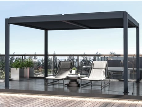 Pérgola Bioclimático Auto-Sustentado Lâmina Guia Eléctrica de Alumínio 12 M² EXPERTLAND (395 x 305 x 220 cm - Metal - Cinzento)