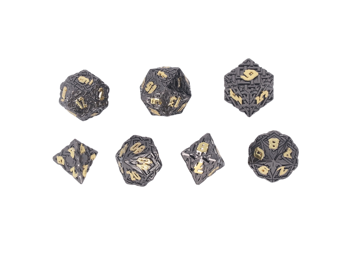 Primerox conjunto de Dados de Metal Maciços Polyédricos para Jogos de Tabuleiro com Fonte Dourada Preta