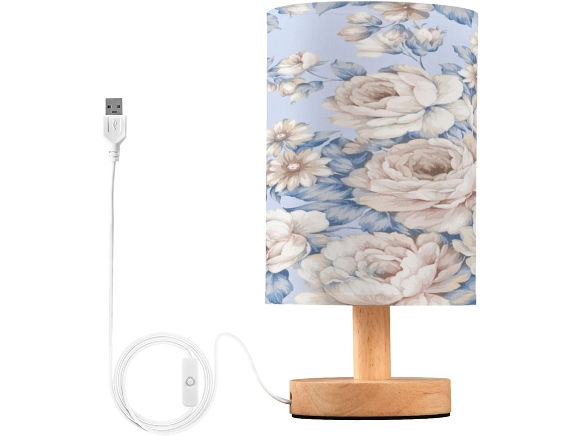 Abajur De Cabeceira Led Branco Com Estampa Floral, Cúpula De Tecido, Base De Madeira E Porta Usb, Ideal Para Leitura Em