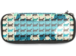 Organizador de maquiagem espaçoso com estampa de gatos coloridos e costas curvas, ideal para escola e mesa.