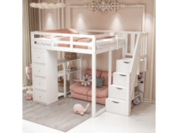 Cama Alta 140x200 Madeira com Arrumação Branca