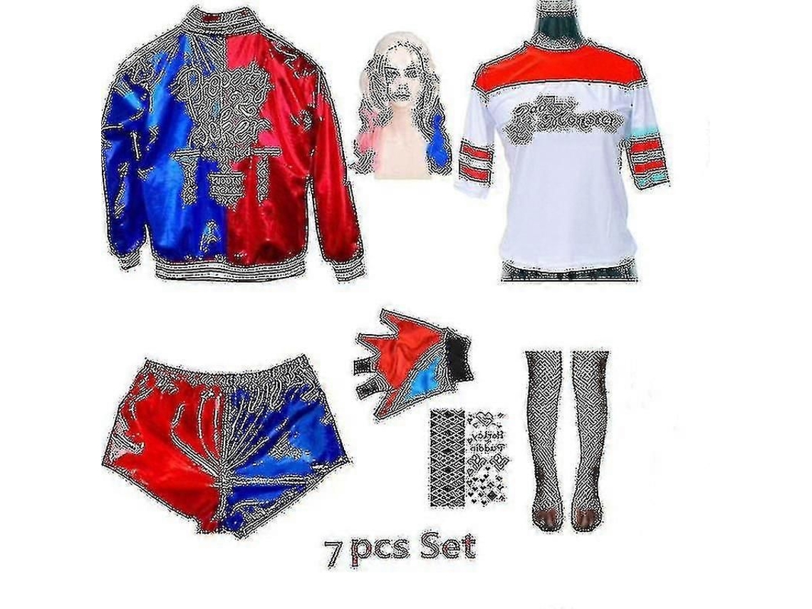 Traje De Harley Quinn Suicide Squad Para Mulheres - Conjunto Com Camiseta, Calça E Jaqueta De Poliéster Conjunto De Perucas Com 7 Peças