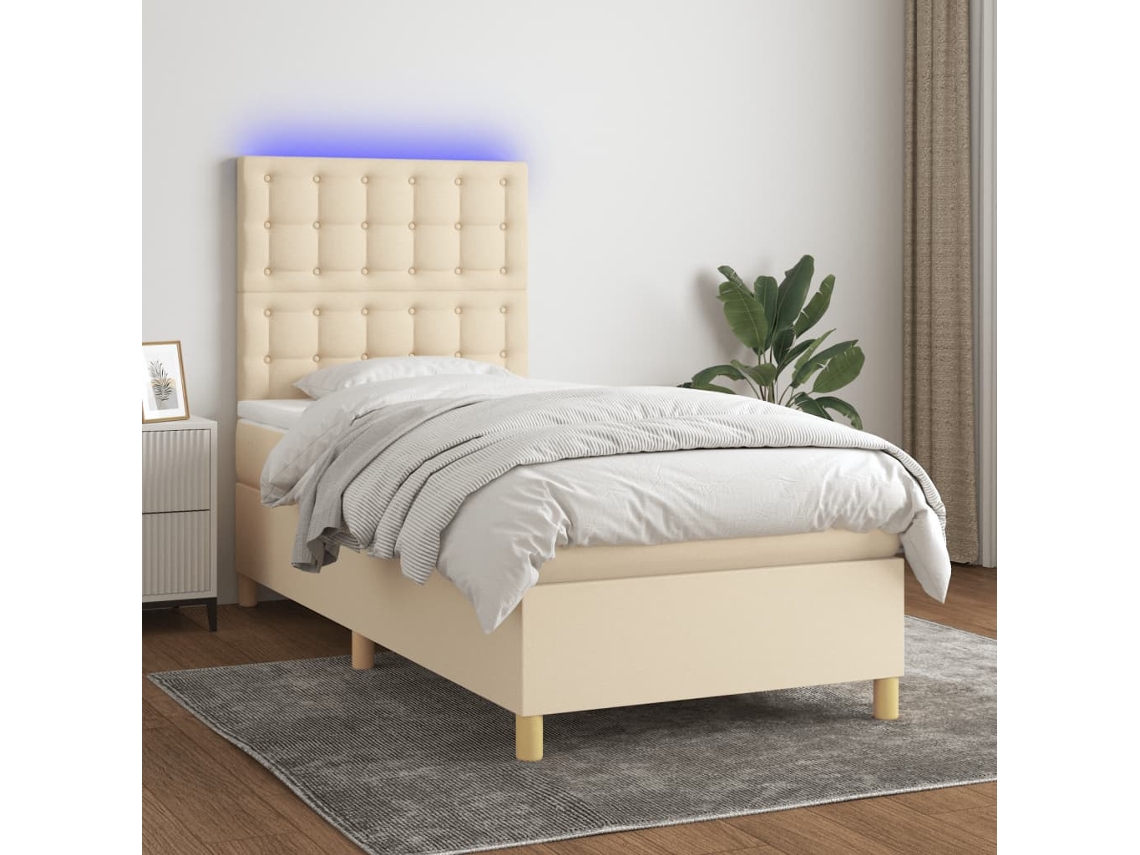 Vidaxl Cama Box Spring C/ Colchão E Led 100x200 Cm Tecido Cor Creme