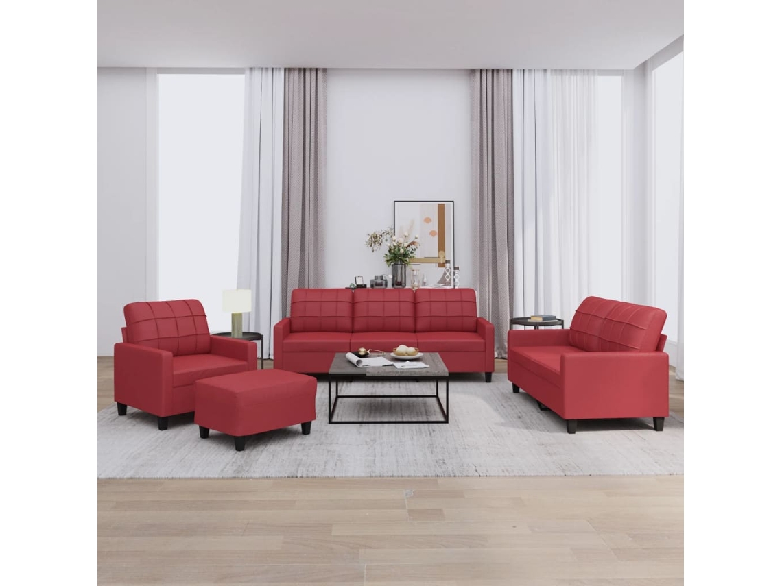 Vidaxl 4 Pcs Conjunto Sofás C/ Almofadões Couro Artif. Vermelho Tinto